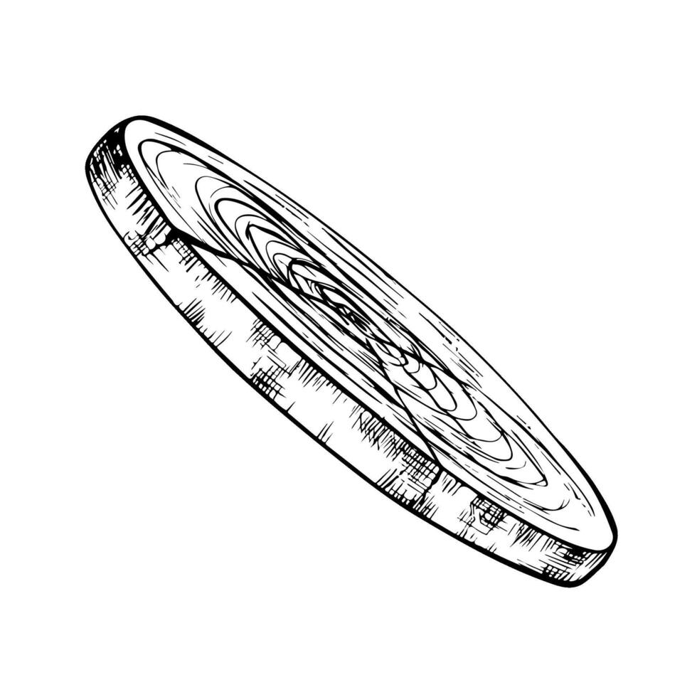 An empty cutting board with a round wooden surface for serving. Black and white graphics, illustration, hand-drawn and highlighted on a white background. vector