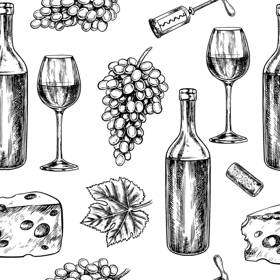 Seamless pattern featuring wine, grapes, cheese and wine glasses. graphics, black and white hand-drawn illustration. On a white background. For packaging, labels, textiles vector