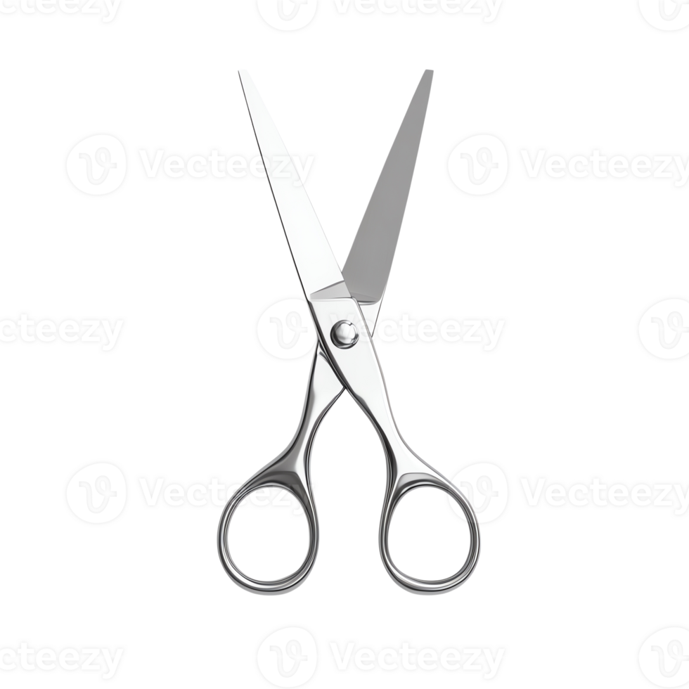 Close-up image of a silver pair of scissors, featuring sharp blades and ergonomic handles, ideal for various cutting tasks. png