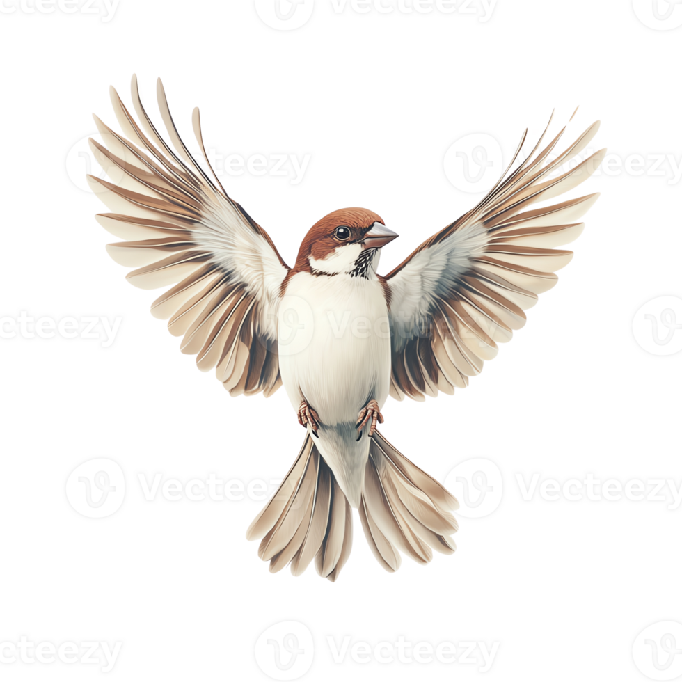 High-resolution image of four sparrows in various poses and flying, perfect for nature-themed projects and bird enthusiasts. png