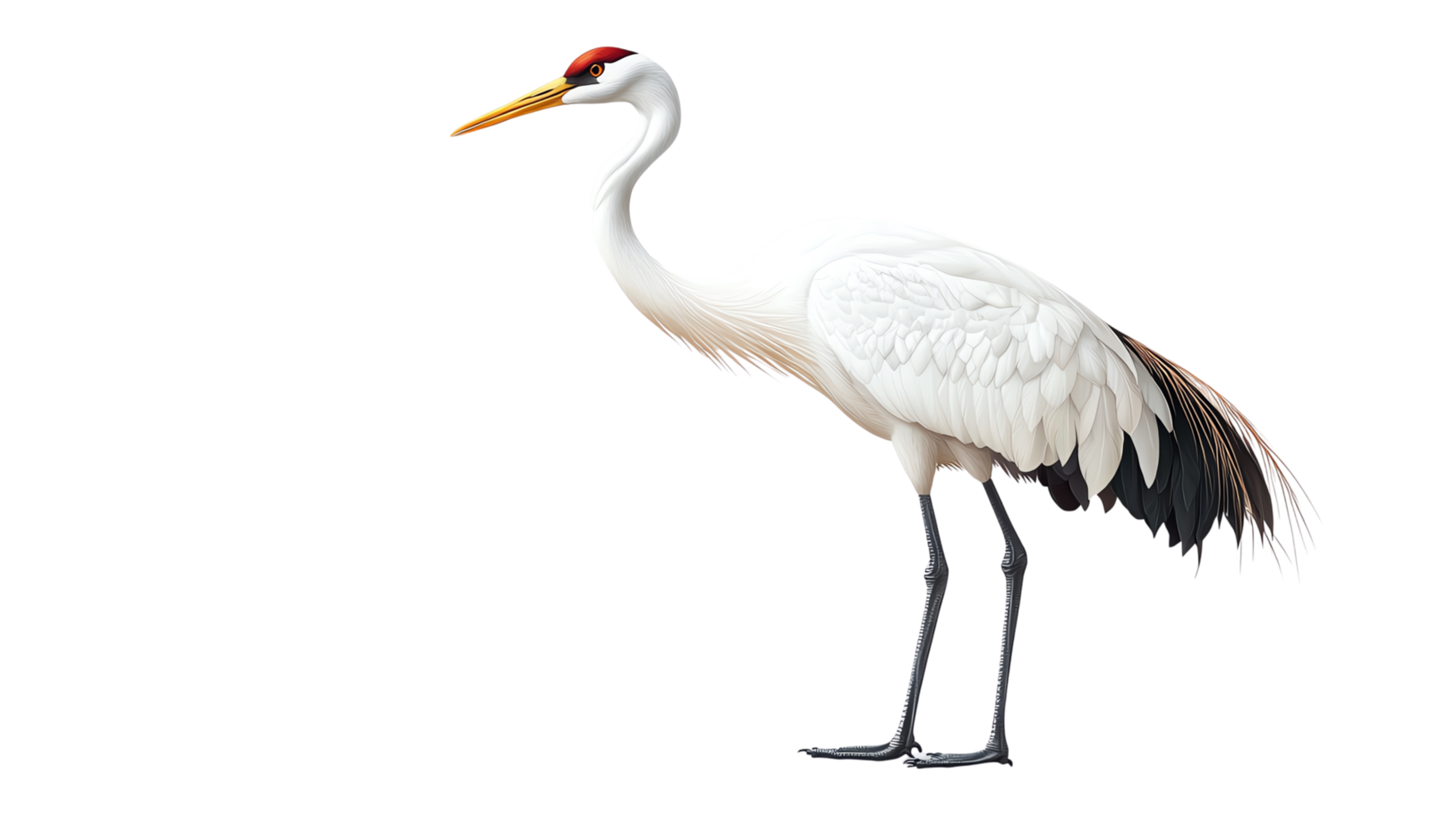Majestic white crane in flight with outstretched wings, detailed feathers, and black-tipped plumage png