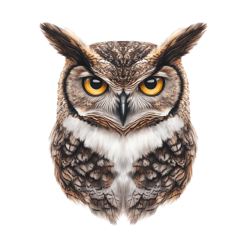 Detailed illustration of a realistic owl with striking yellow eyes, showcasing intricate feather patterns against png