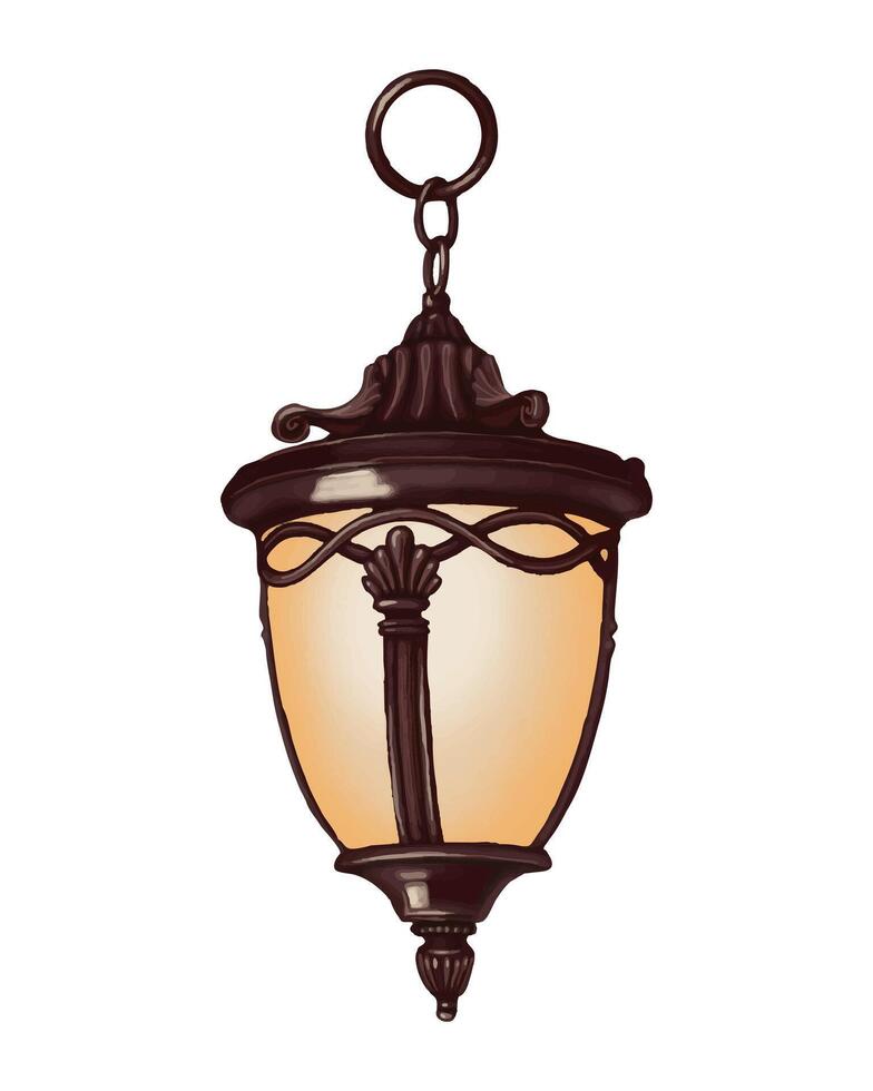 Hanging lantern with muted light in cartoon style. Hand drawn dark portable outdoor equipment of garden decoration illustration. Isolated drawing for autumn graphic and seasonal designs. vector