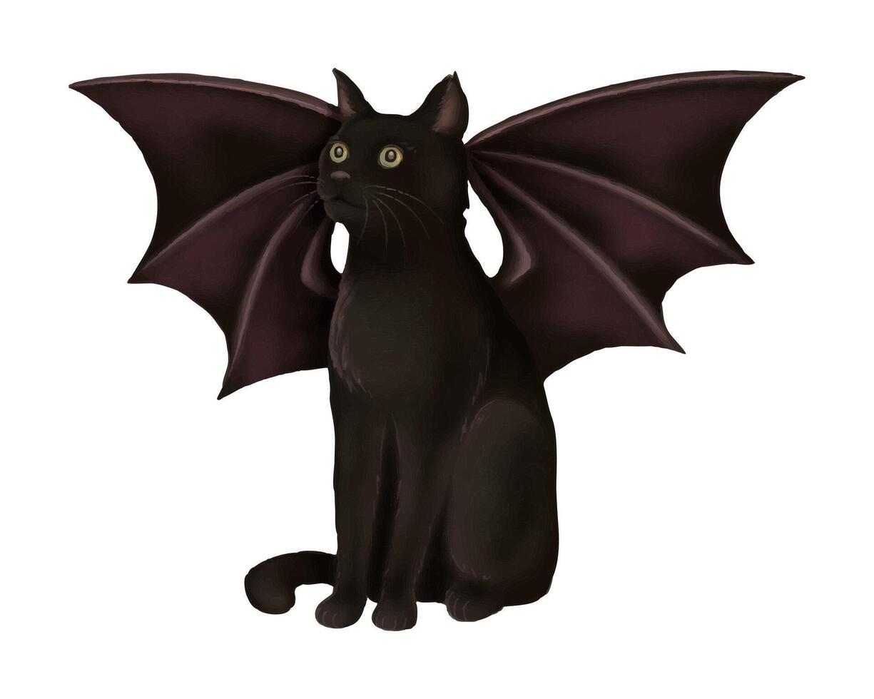 Black cat sitting nocturnal winged creature in cartoon style. Hand drawn Halloween witchy helper mysterious character. Isolated drawing perfect for autumn graphic and spooky season designs. vector