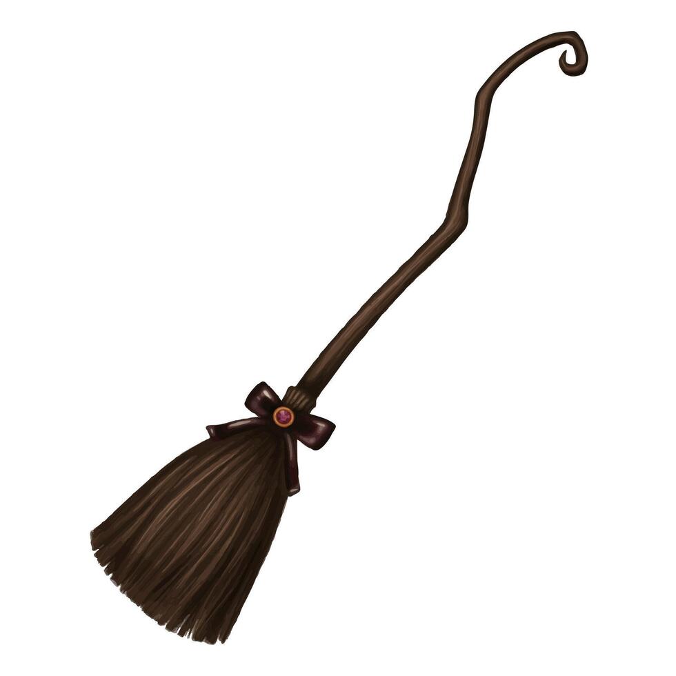 Witch broom with bow and twisted tip in cartoon style. Hand drawn Halloween dark enchanted flying broomstick magical illustration. Isolated drawing for autumn graphic and spooky season designs. vector