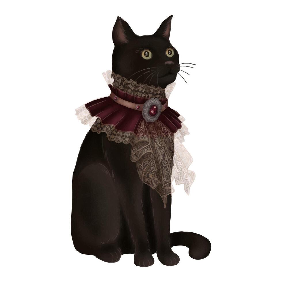 Black cat sitting animal in ruff collar in cartoon style. Hand drawn Halloween witchy helper mysterious character. Isolated vintage drawing perfect for autumn graphic and spooky season designs. vector