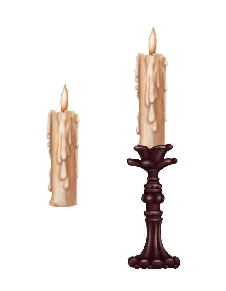 Wax candle in the black candlestick with burning flame in cartoon style. Hand drawn Halloween dark candleholder illustration. Isolated drawing for autumn graphic and spooky season designs. vector