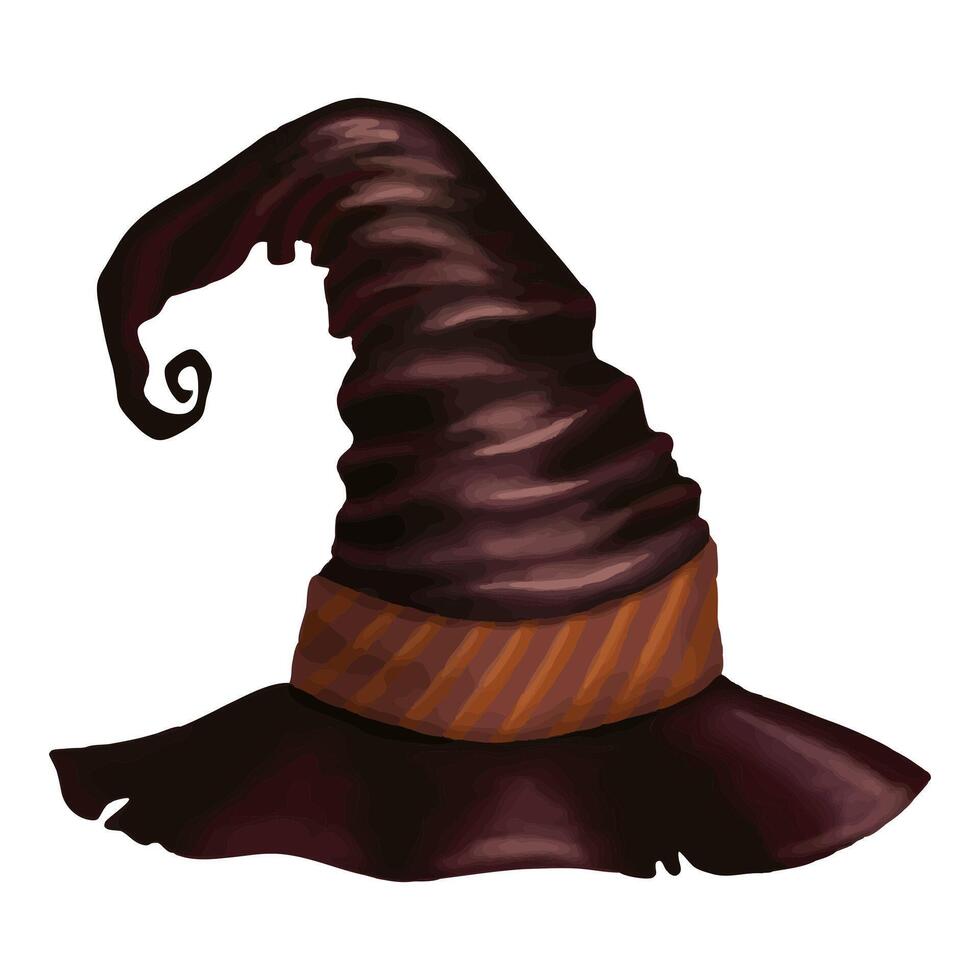 Witch hat cone-shaped dark brown headwear in cartoon style. Hand drawn magical Halloween costume party illustration. Isolated drawing perfect for autumn graphic and spooky season designs. vector
