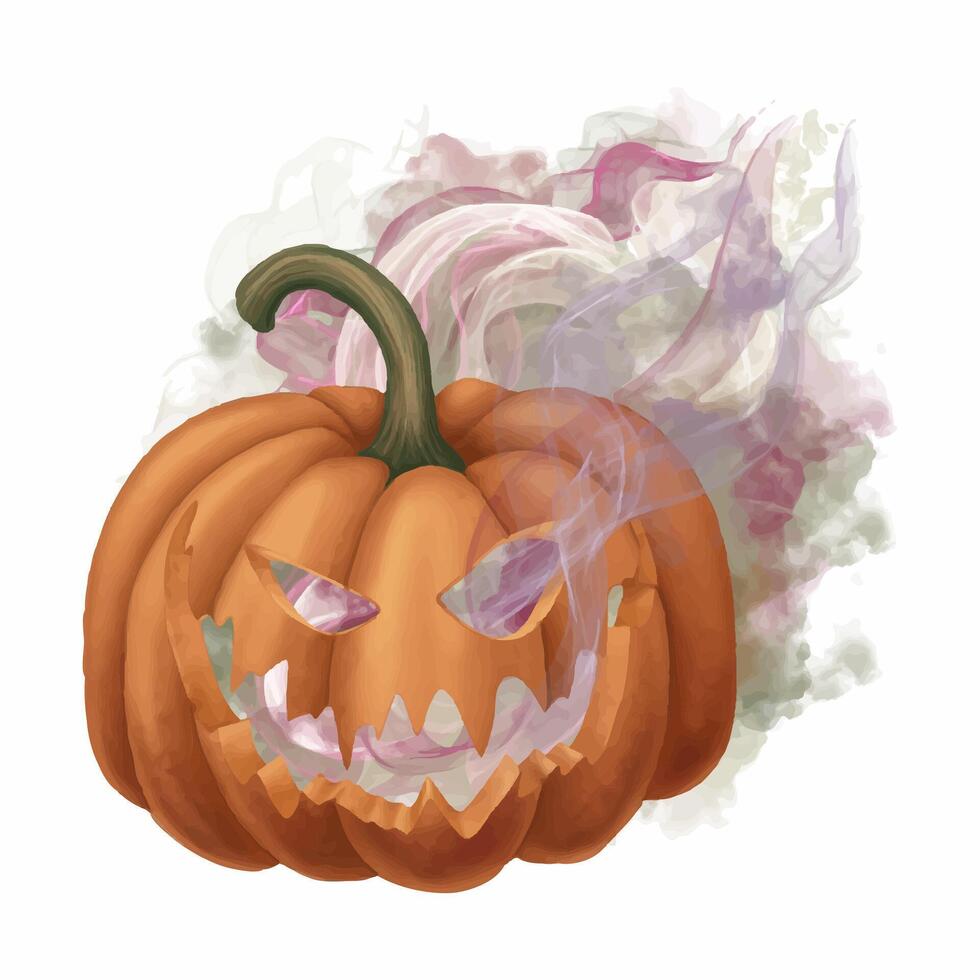 Jack O Lantern scary orange pumpkin with smoke in cartoon style. Hand drawn Halloween creepy cute illustration with grinning. Isolated drawing perfect for autumn graphic and spooky season designs. vector
