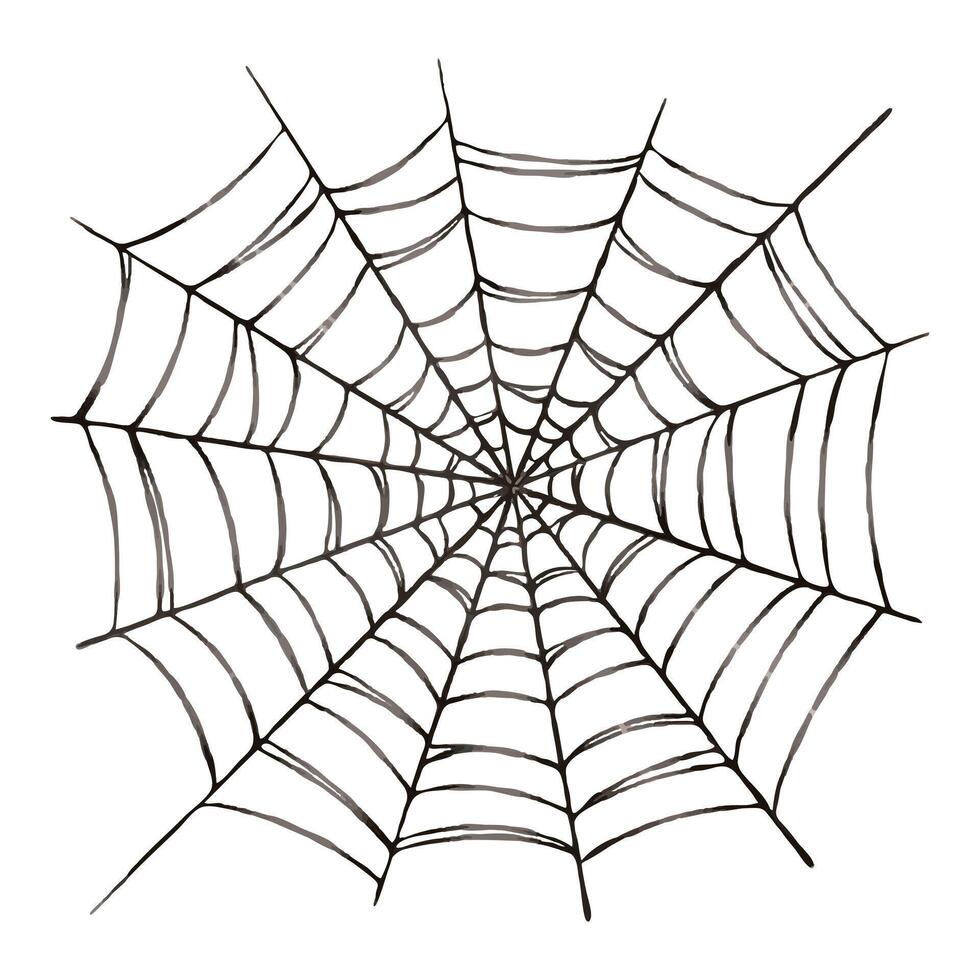 Spider web circle black with reflection in cartoon style. Hand drawn dark Halloween decor of silk threads outline illustration. Isolated drawing for autumn graphic and spooky season designs. vector