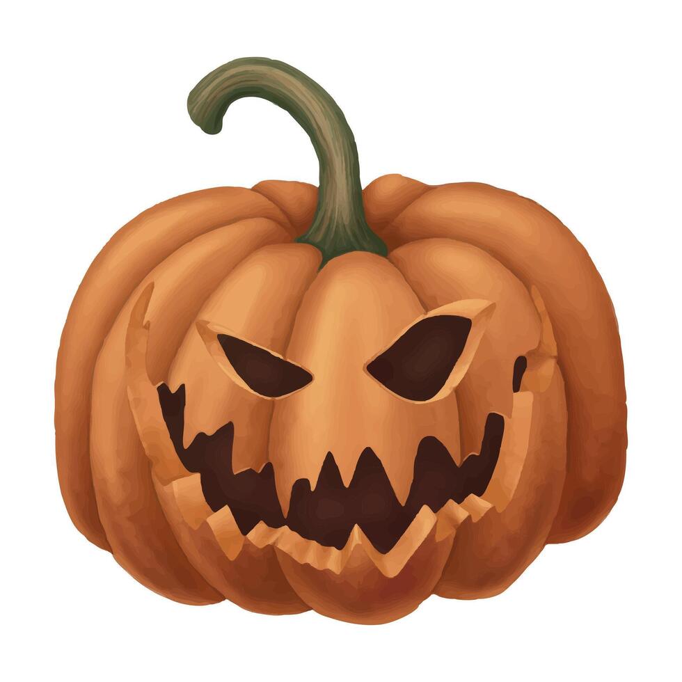 Jack O Lantern scary orange pumpkin in cartoon style. Hand drawn Halloween creepy cute illustration with grinning. Isolated drawing perfect for autumn graphic and spooky season designs. vector