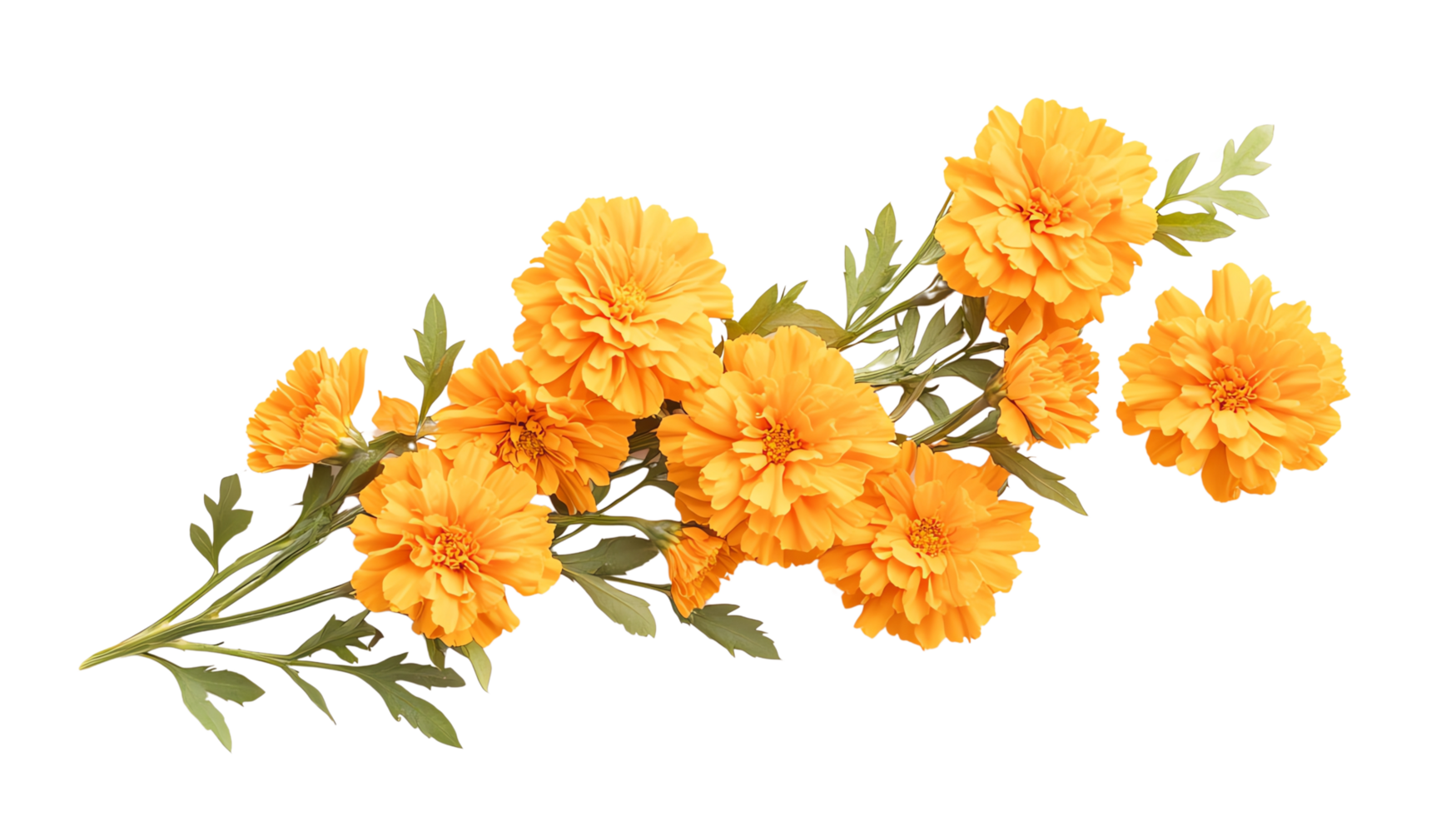 A beautiful bouquet of vibrant orange marigold flowers with lush green leaves, perfect for celebrating special occasions or brightening up any space. png