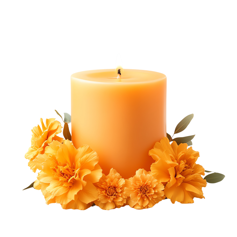 orange candles surrounded by marigold flowers, creating a warm and inviting atmosphere perfect for home decor or celebrations. png