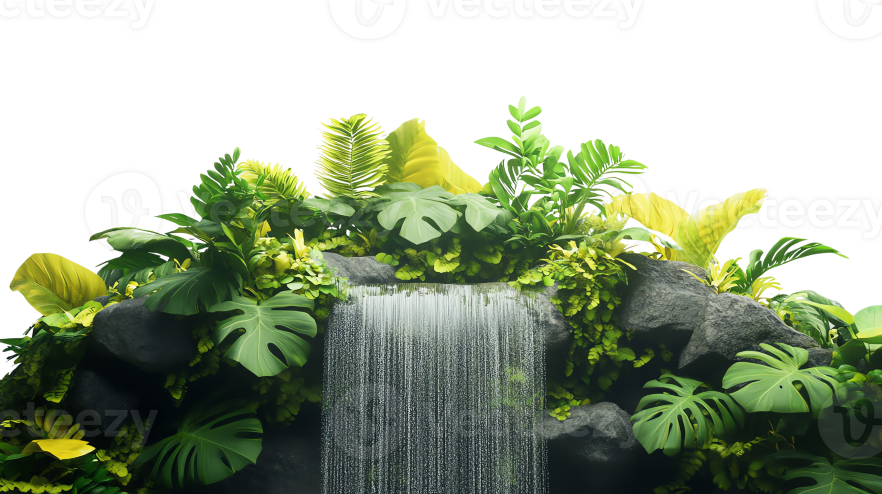 Lush greenery and cascading waterfall in a tropical forest, highlighting nature's serene and picturesque beauty. png