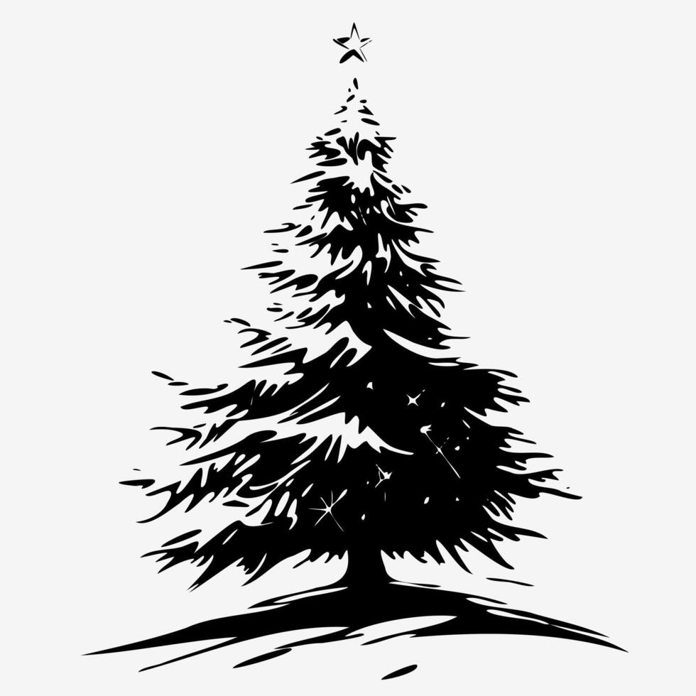 Black silhouette of Christmas tree. Merry Christmas illustration. Black and white graphics. Happy New Year. For postcard, banner, textile, packaging vector