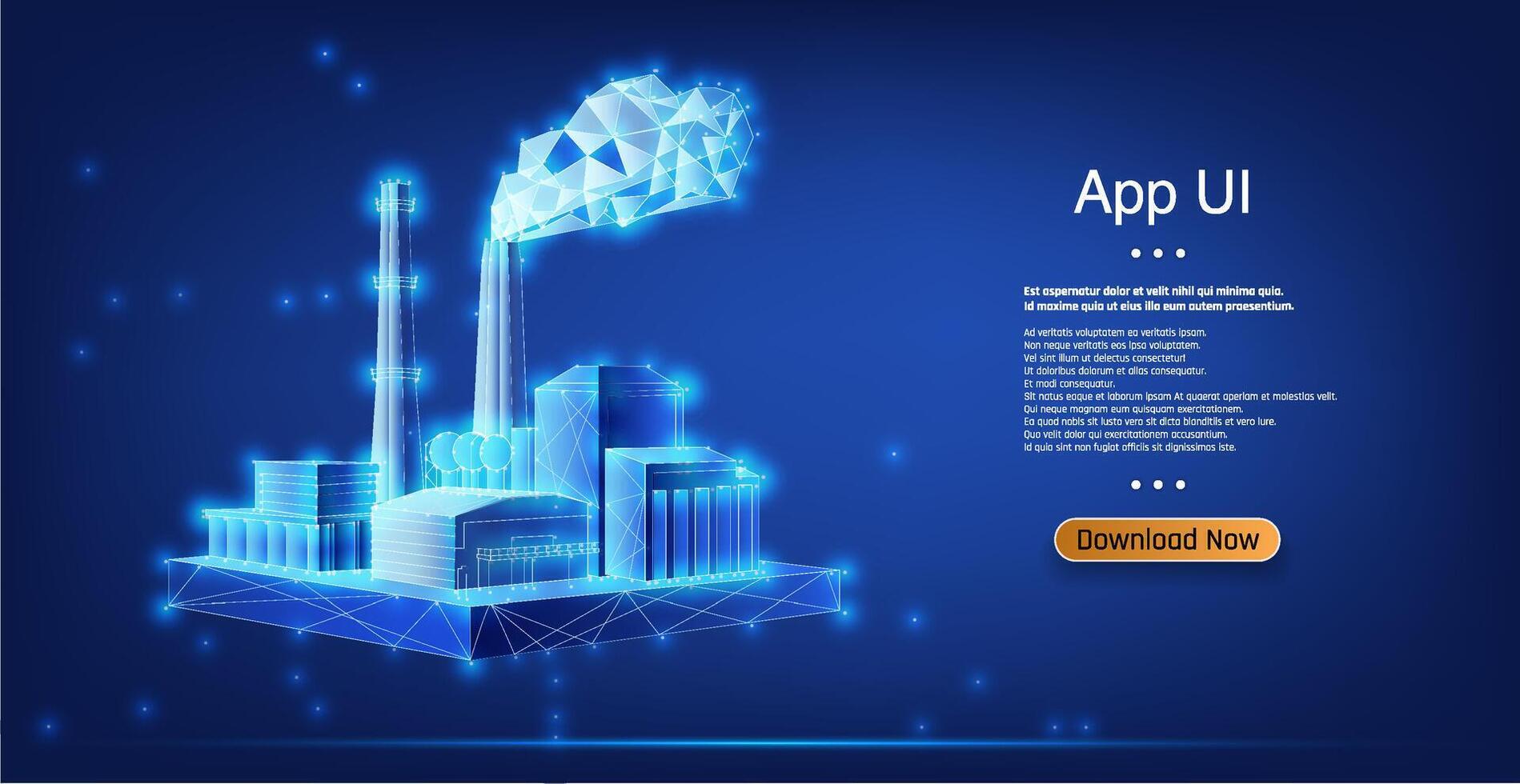 Digital illustration of a factory with a futuristic user interface design on a blue background vector