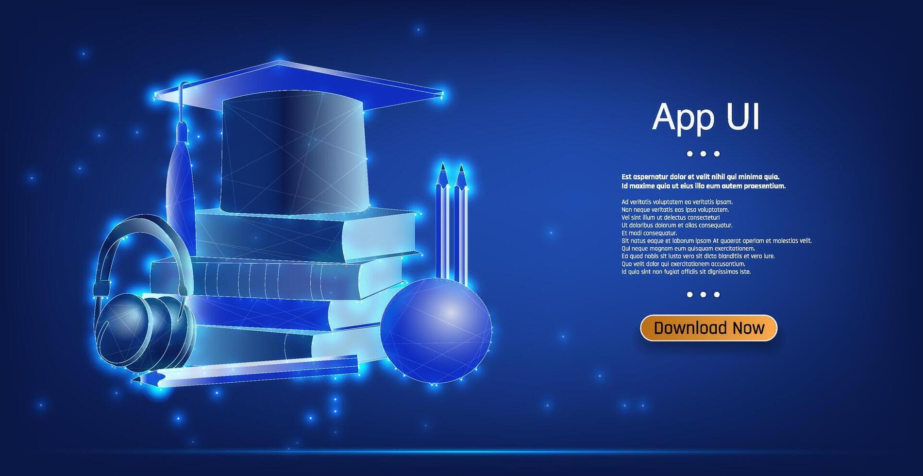 Blue digital interface showcasing educational elements with books, headphones, and a pencil vector