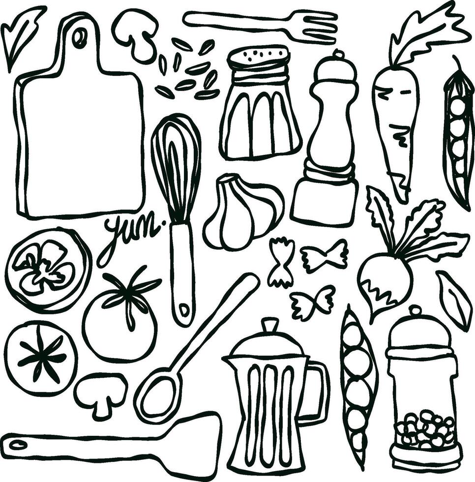 Set of elements in doodle style or sketches of kitchen utensils and items vector
