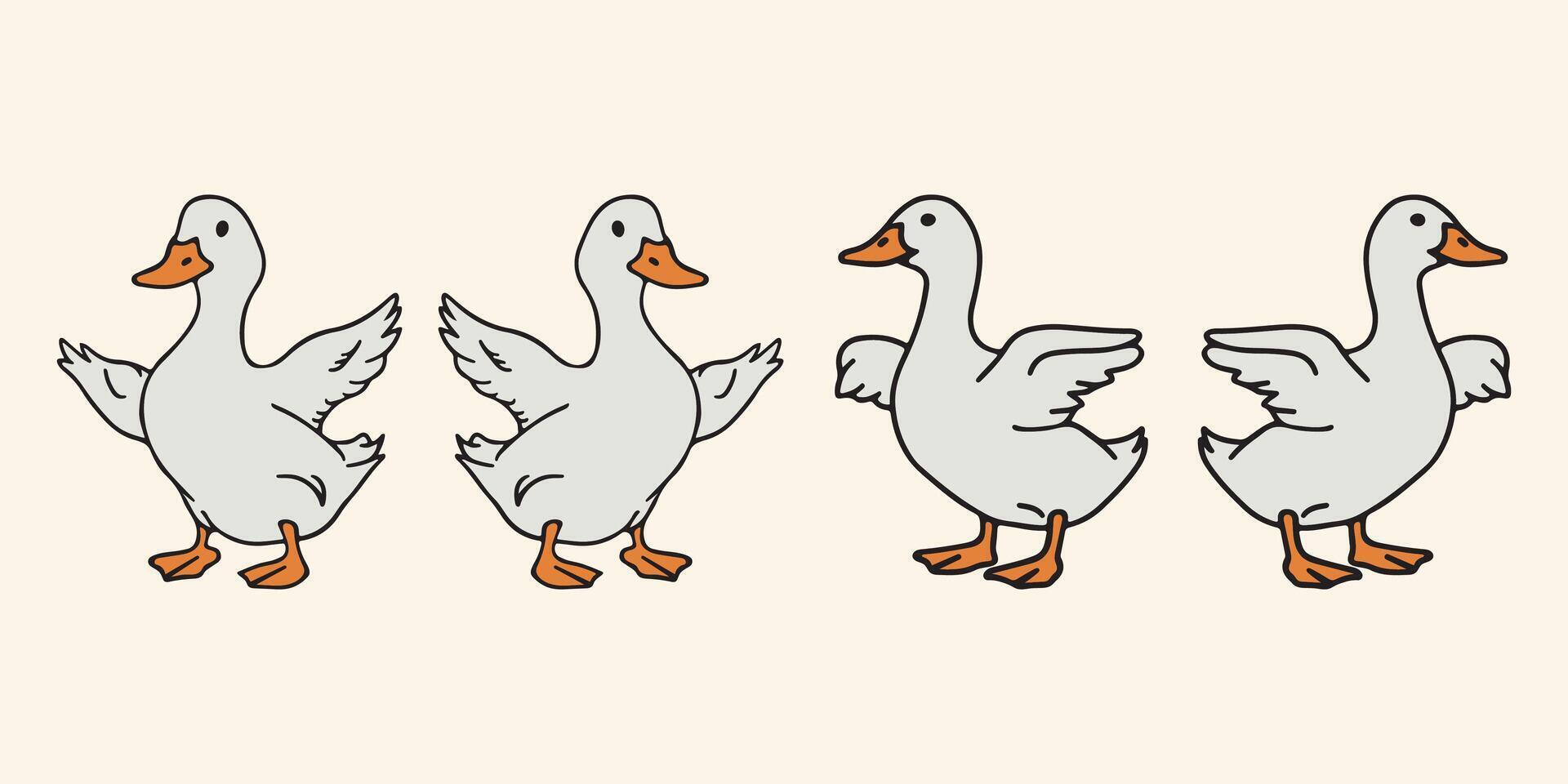 Detailed duck illustration and hand drawn duck characters set vector