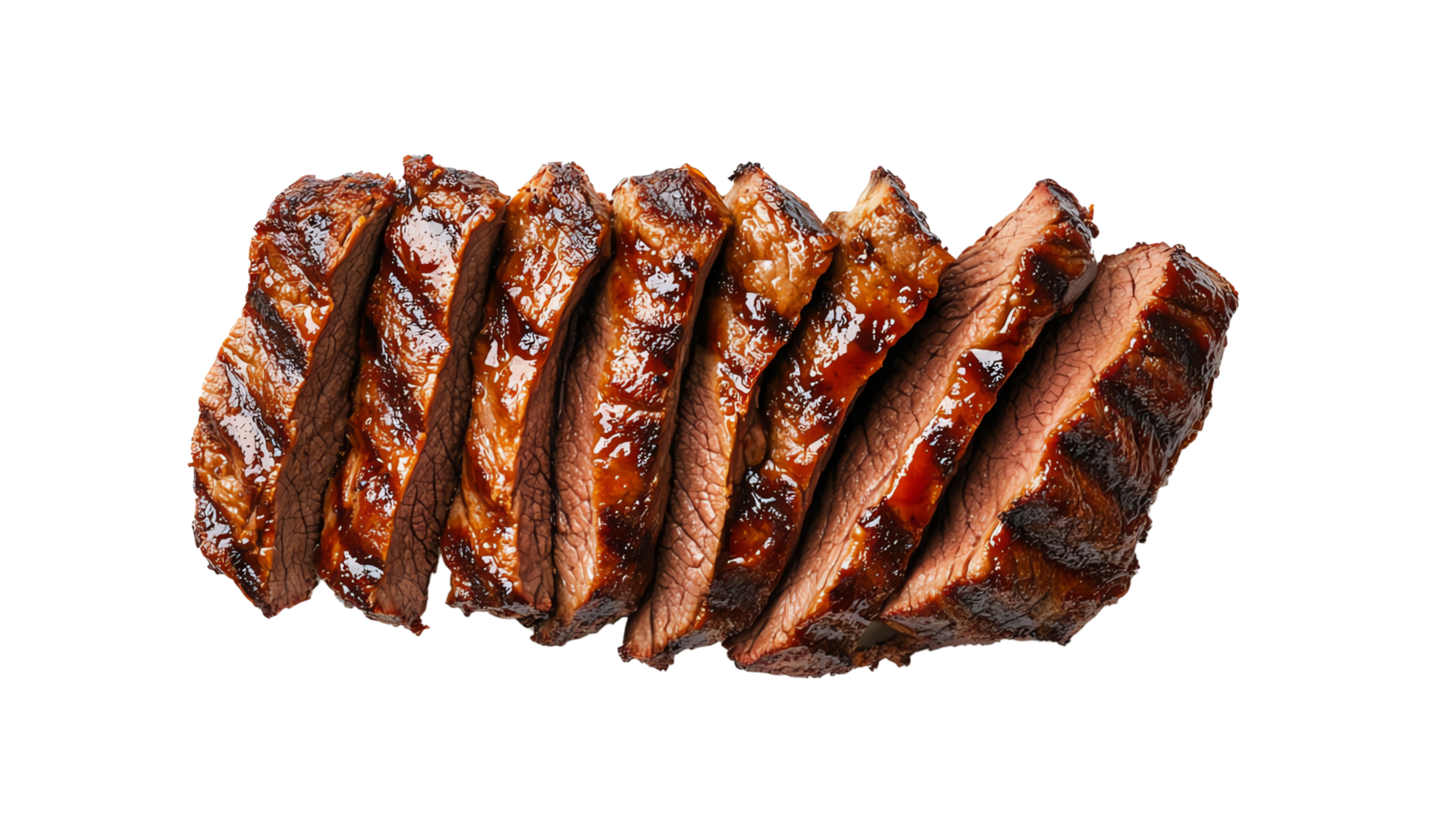 Grilled and sliced steak with a rich, caramelized glaze. Perfect for BBQ, dinner, or meal presentation. Juicy and tender meat perfection. png
