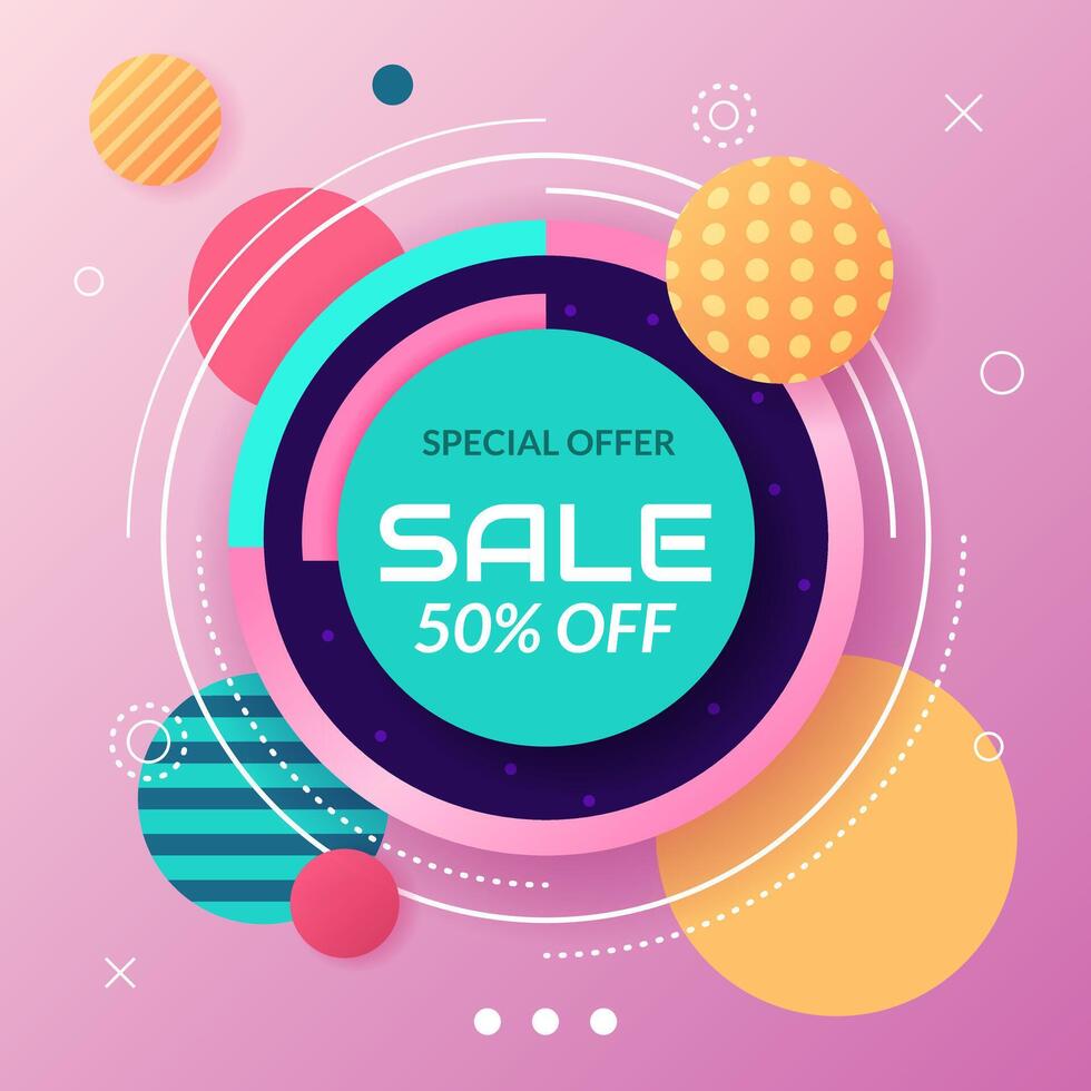 Square Sale banner with geometric shapes, lines, dots. Background in Memphis style for promotion, social media post, advertising, Summer Sale, Black Friday. vector