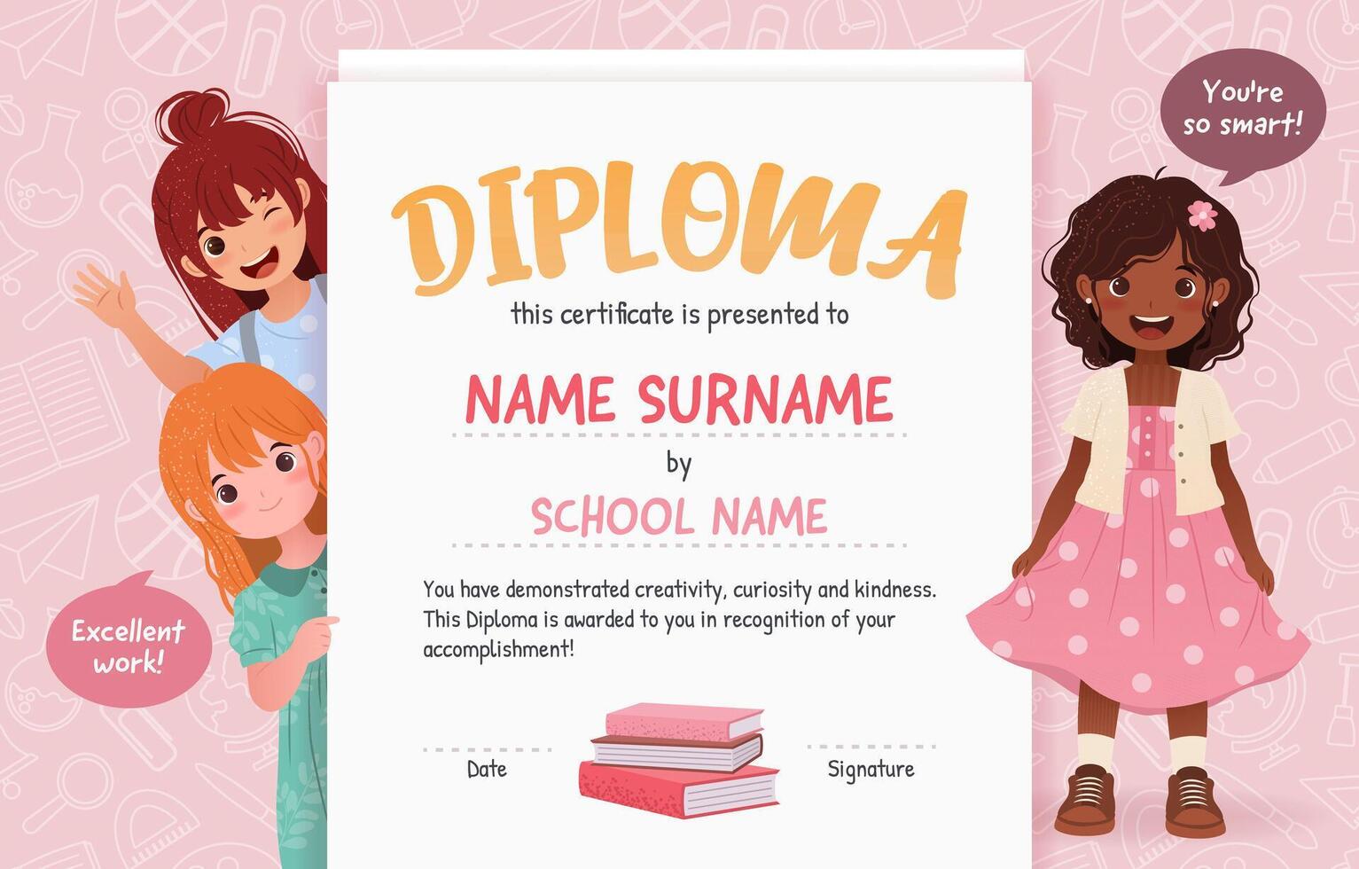 Horizontal Diploma Certificate for School and Preschool Children in Kindergarten or Primary grades. Layered Template with Cute Cartoon Girls on a Pink Background. Diverse Kids. vector