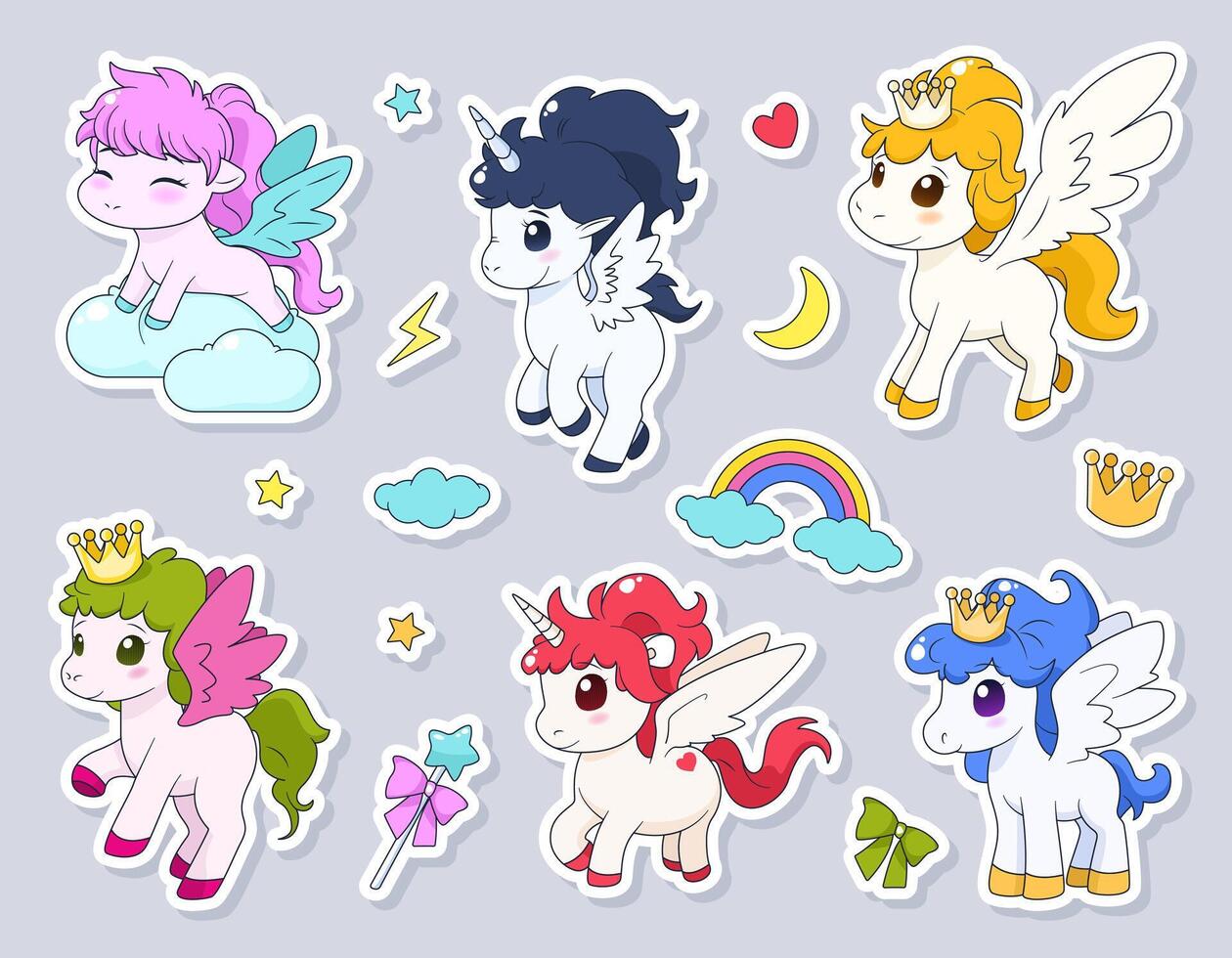 Bundle of cute cartoon stickers with unicorn and pony. isolated illustrations for childish print, birthday design, invitation, baby shower card. Clip arts on background. Magical elements. vector