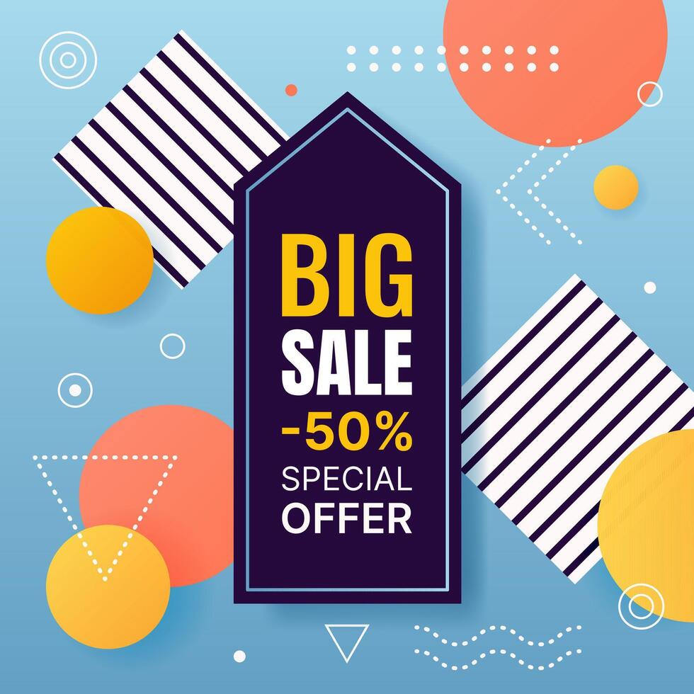Square Sale banner with geometric shapes, lines, dots. Background in Memphis style for promotion, social media post, advertising, Summer Sale, Black Friday. template. vector