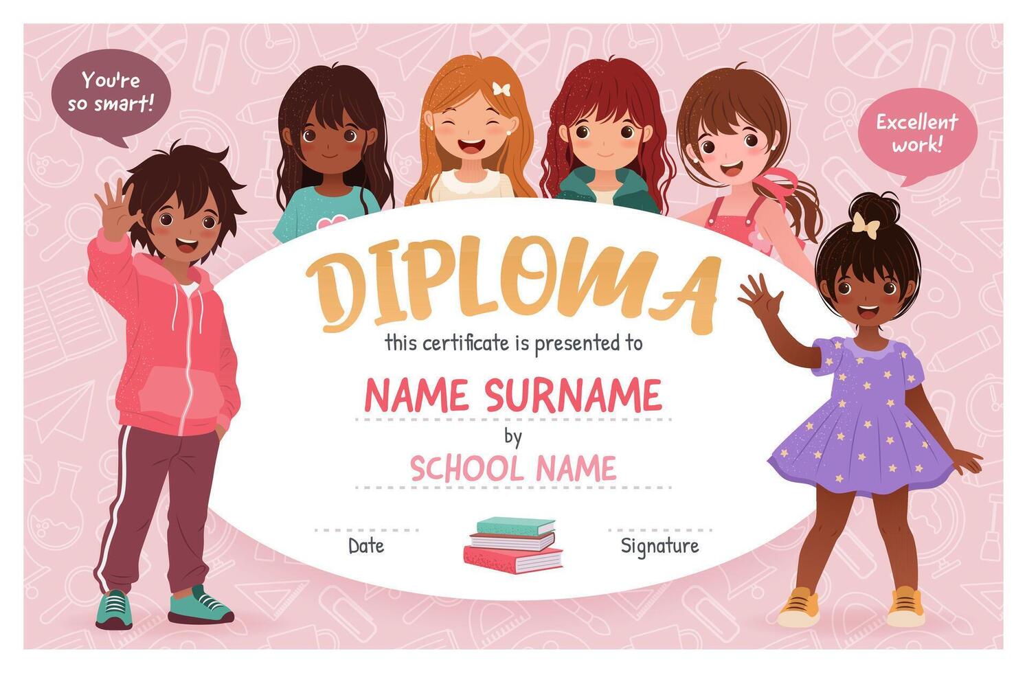 Horizontal Diploma Certificate for School and Preschool Children in Kindergarten or Primary grades. Layered Template with Cute Cartoon Boy and Girls on a Pink Background. Diverse Kids. vector