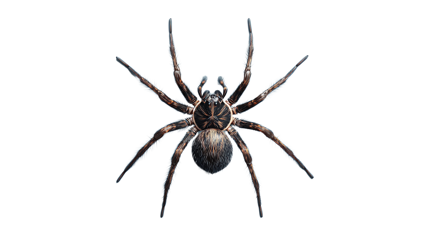 High-quality close-up image of a spider, showcasing intricate details of its body and legs. png