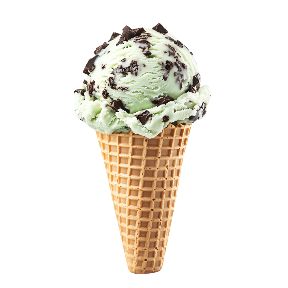 Delicious mint chocolate chip ice cream cone with crunchy waffle cone, isolated, perfect for summer treats. png