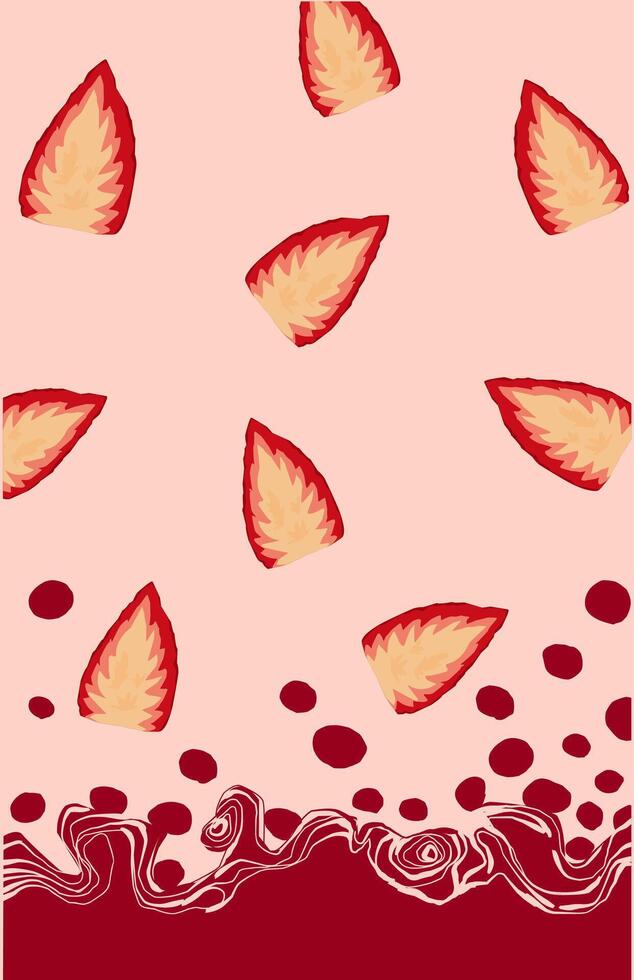 pink background with strawberry pieces and red jelly balls vector