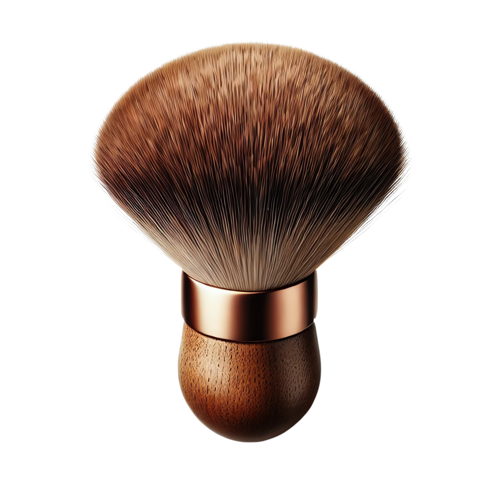 High-quality makeup brush with wooden handle and dense bristles, ideal for applying powder and achieving a flawless finish. png