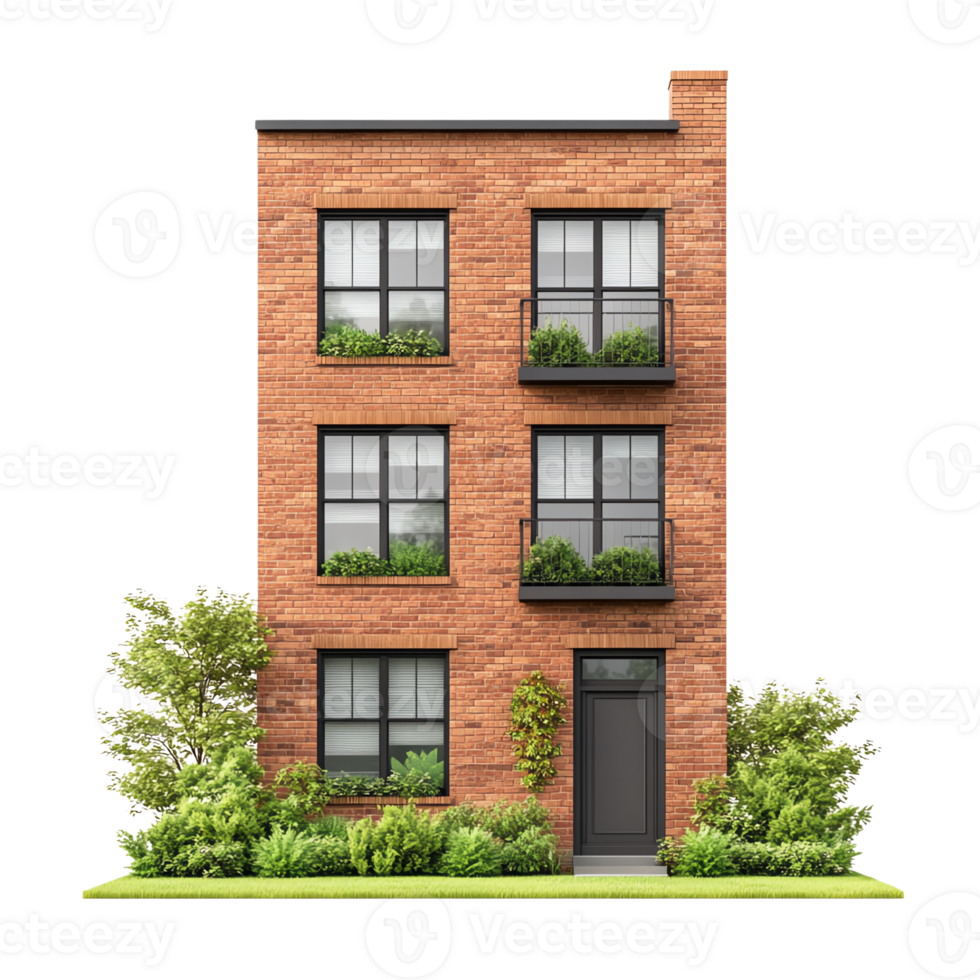 Modern brick townhouse exterior with lush greenery, windows, and contemporary architectural design, png