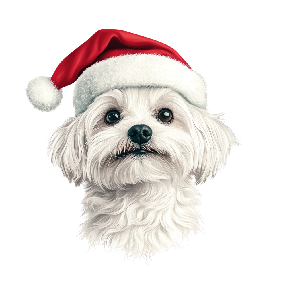 Adorable white dog wearing a Santa hat, perfect for holiday-themed designs and Christmas celebrations, festive pet portrait. png