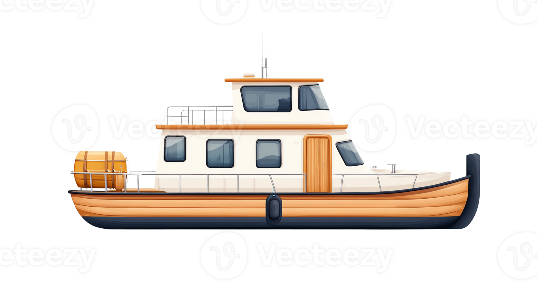 llustration of a houseboat with white exterior and wooden finish, featuring large windows, a lifebuoy, and decorative plants on deck png