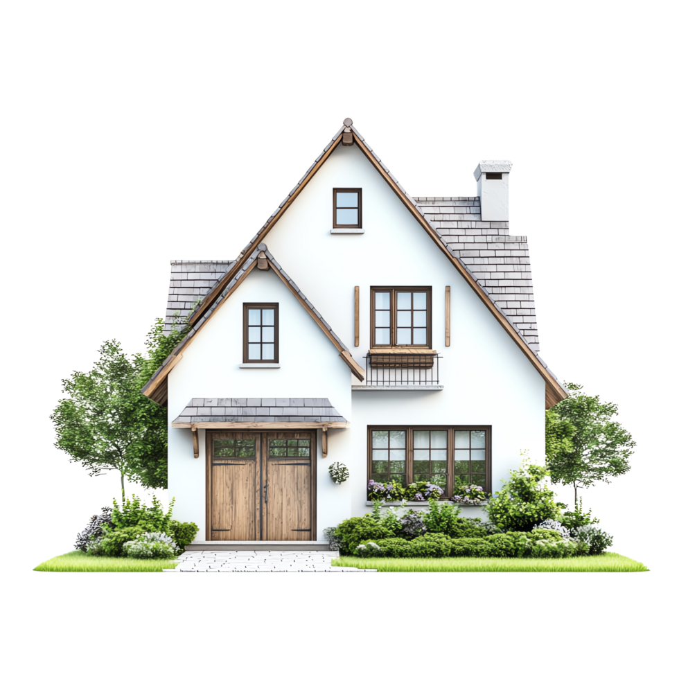 charmant wit huis met een steil dak, houten accenten, weelderig tuin, en groot ramen. ideaal voor echt landgoed en bouwkundig presentaties. png