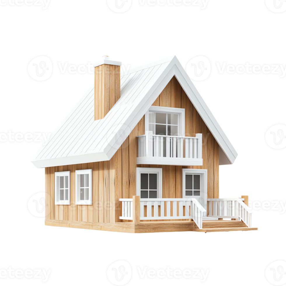 Wooden house with modern design, featuring a white roof, balconies, and multiple windows. Perfect for real estate and architecture concepts. png