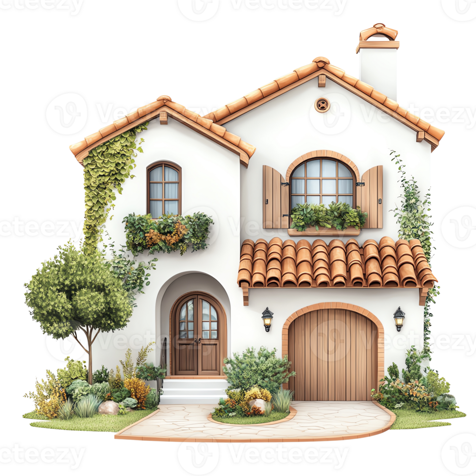 Charming Mediterranean-style house with terracotta roof, lush greenery, and wooden accents. Perfect for residential design inspiration. png