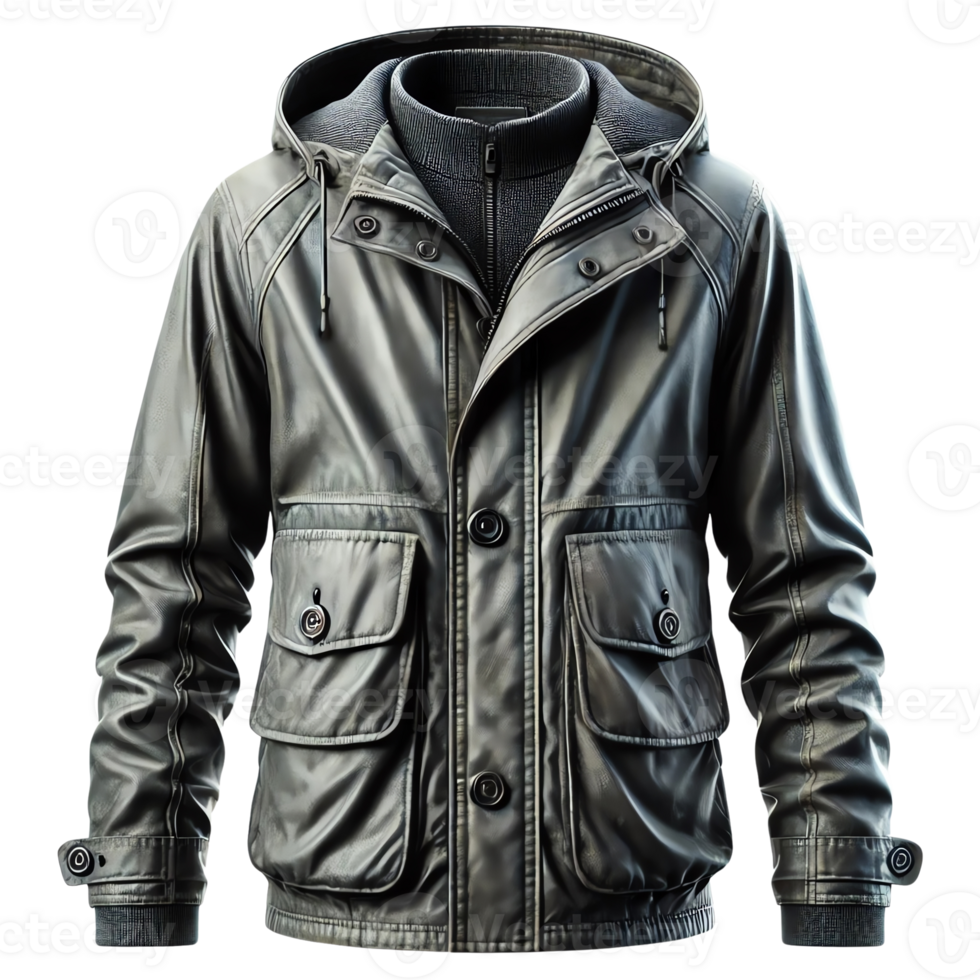 A stylish black leather jacket with multiple pockets and a hood. Perfect for a trendy, sophisticated look in the cooler seasons. png