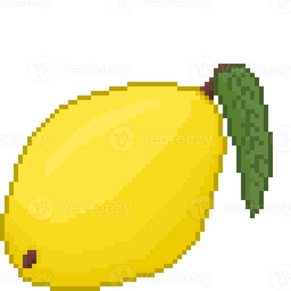 A retro-styled pixel-art illustration of a yellow lemon with a green leaf. png