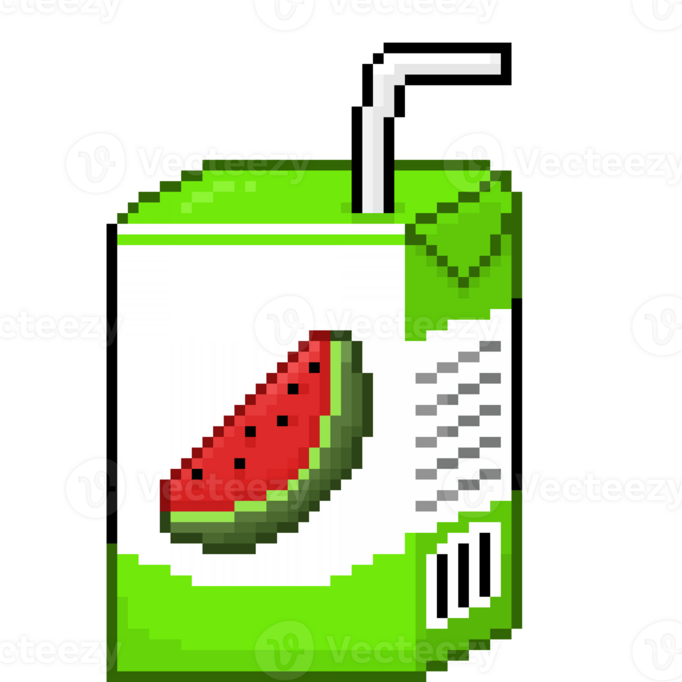 A retro-styled pixel-art illustration of a lime green and white juice box with a watermelon symbol. png