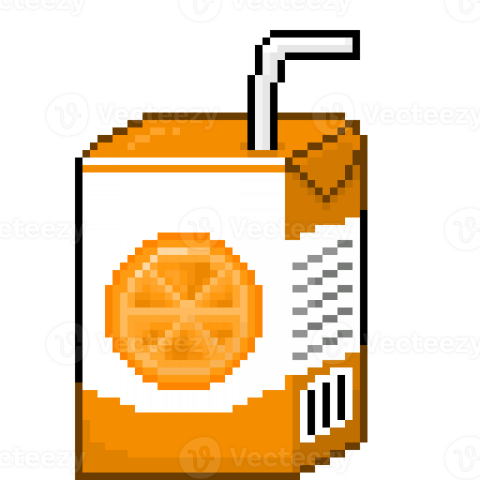 A retro-styled pixel-art illustration of an orange and white juice box with an orange symbol on the front. png