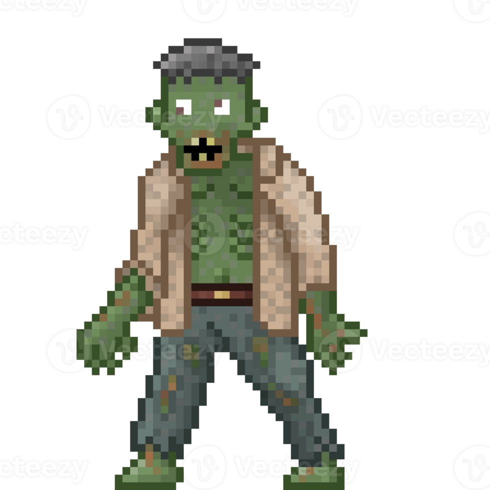 A retro-styled pixel-art illustration of a zombie with torn clothing. png