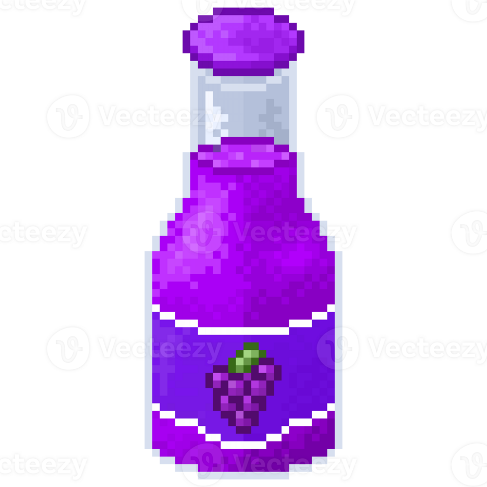 A retro-styled pixel-art illustration of a grape soda in a purple bottle. png