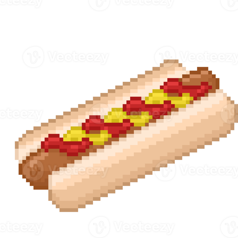 A retro-styled pixel-art illustration of a hotdog with mustard and ketchup. png