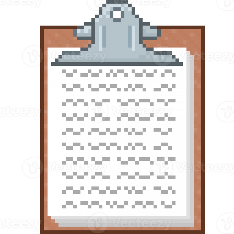A retro-styled pixel-art illustration of a clipboard with a contract. png
