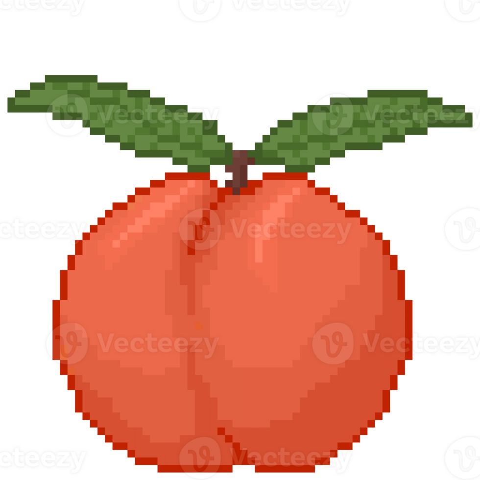 A retro-styled pixel-art illustration of a ripe peach with green leaves. png