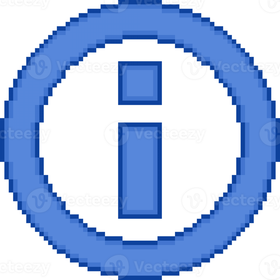 A retro-styled pixel-art illustration of a light blue info icon. png