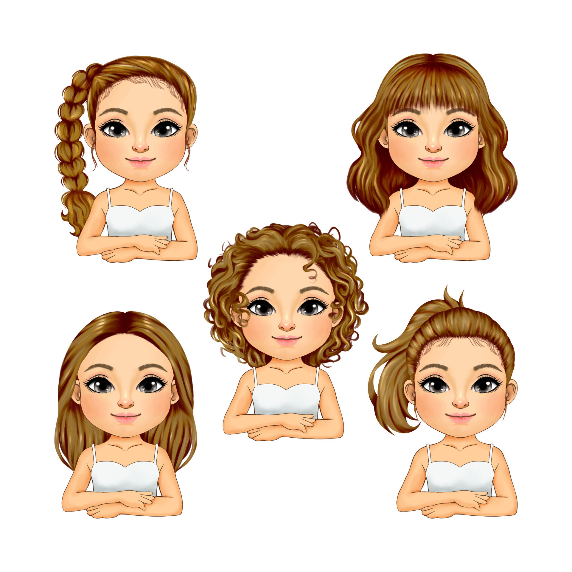 Cute woman with various hair style, long hair, short hair, curly hair